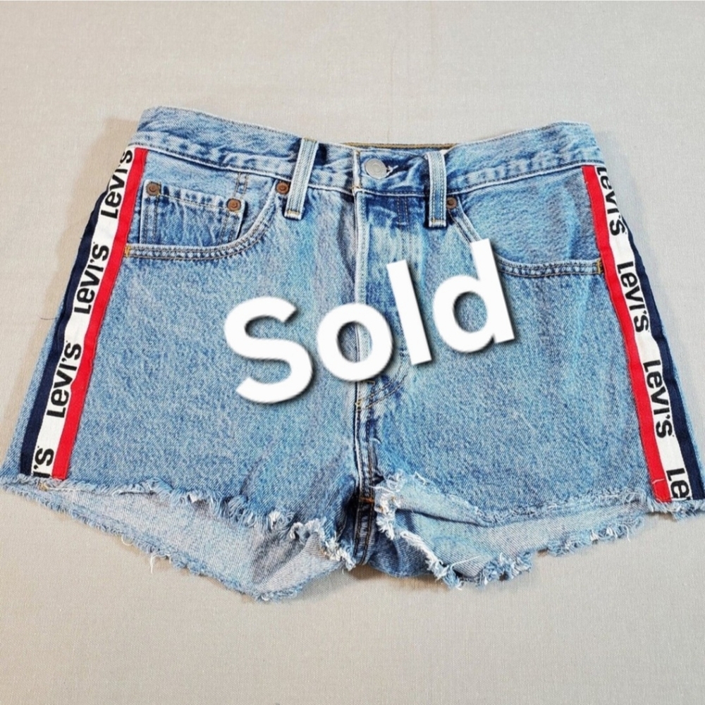 Levis 501 Sport Tape Hi-Rise Cutoff Button Fly Denim Blue Jean Shorts Womens W26